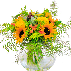 The first glance at this radiant bouquet evokes the feeling of sunlight streaming into a Loughton kitchen, flooding the room with warmth and possibilities. Majestic sunflowers, their faces broad and inviting, anchor the arrangement with brilliant yellow-orange petals and velvety brown centers. Nearby, yellow garden roses unfurl in delicate, tightly-packed spirals, lending a touch of classic elegance and a gentle, uplifting fragrance. Glossy red hypericum berries gleam like treasure among the lush, thriving foliage, creating pockets of cheerful contrast. Fern fronds arch gracefully at the edges, their fine textures softening the lines and mimicking the gentle sway of leaves along Loughton's peaceful side streets. Light green filler, likely solidago or goldenrod, offers clouds of tiny blooms, while slender green spikes nod from within the gathering. Flecks of blue-green eucalyptus introduce subtle depth and a rustic note. The clear, rounded vase grounds the bouquet, showing off sturdy green stems in shimmering water-a modern accent that celebrates freshness and simplicity. Perfect for marking bright new beginnings, birthdays, or special moments with loved ones, this bouquet reflects the careful hand of a local florist and the spirited beauty of the Loughton area.