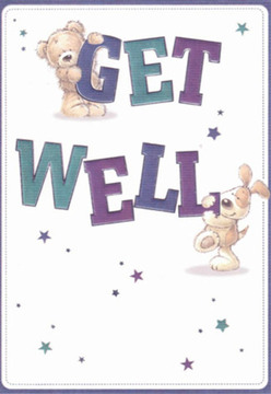 There's a gentle comfort and uplifting presence in this charming get well card, much like the spirit of Loughton's welcoming streets. The illustration engages the eye with a cuddly teddy perched atop the word 'GET,' while a cheerful puppy snuggles playfully beneath the bold 'WELL,' each character radiating hope and kindness through rounded shapes and expressive faces. Deep purples and teals color the bold letterforms, their vibrancy reflecting both the lively markets and peaceful avenues of Loughton. Twinkling stars in a cascade of blue and purple hues are scattered freely, mirroring the little surprises of encouragement one finds amid daily life here. The soft, clean white background speaks to clarity and renewed energy-qualities cherished during recovery. As a Loughton florist, I see the same attentive care in this card as in an expertly crafted bouquet placed on a patient's bedside, each brushstroke echoing the thoughtful placement of stems for maximum support. The emotional warmth and playful optimism conveyed through the composition create an offering of genuine comfort and heartfelt encouragement, perfect for sending light to a loved one in need. Available for same-day local delivery, it embodies the nurturing care of our close-knit community.